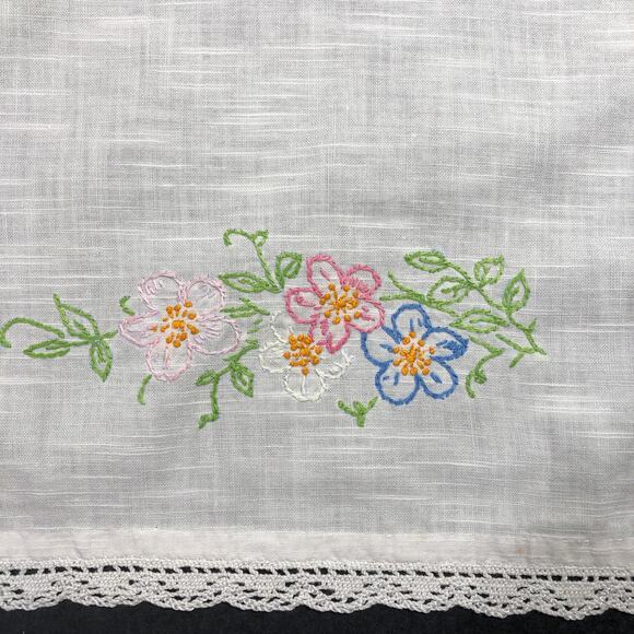 Vintage Table Runner Hand Embroidered Pink and Blue Flowers Crochet Edge 40"x12” - Picture 2 of 10